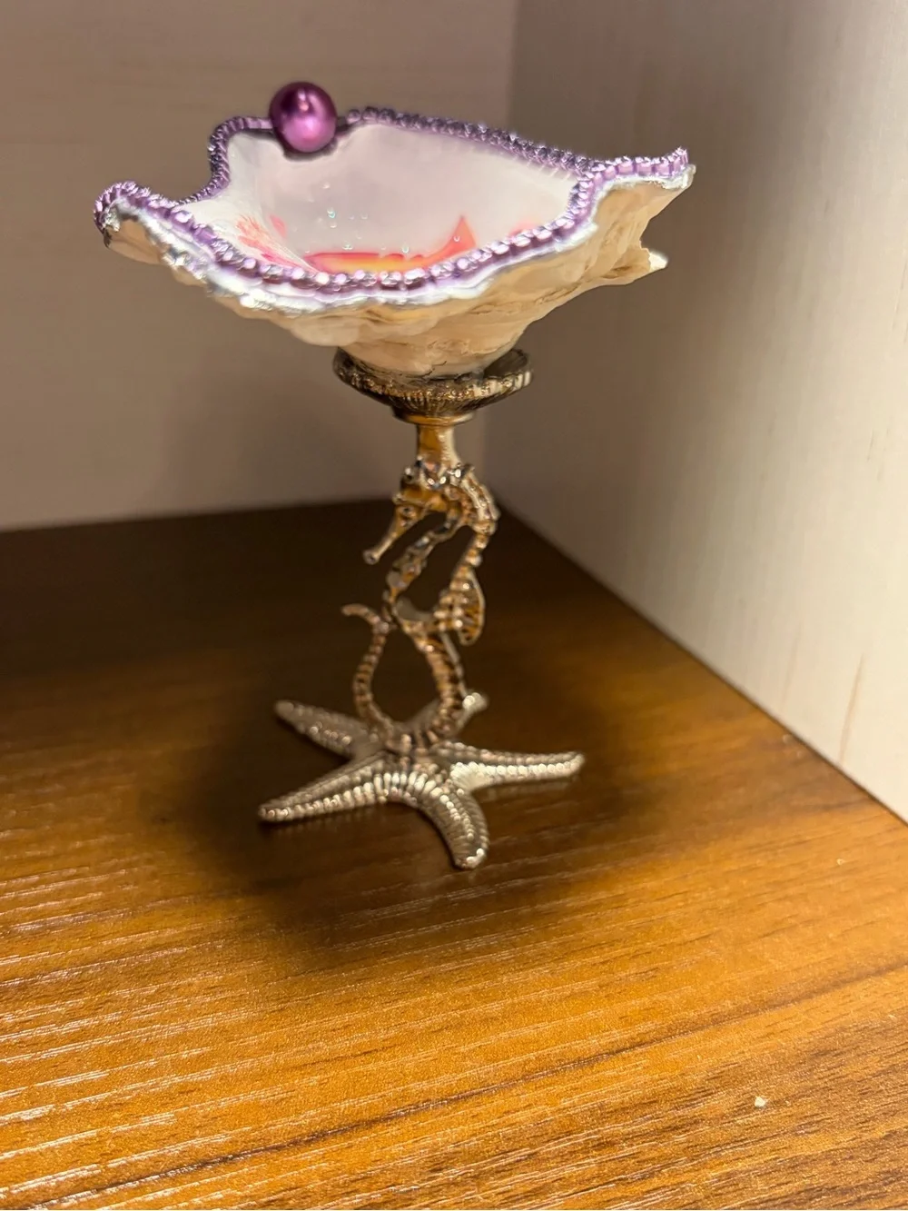 Handmade decoupage coral under the sea oyster shell trinket dish on stand